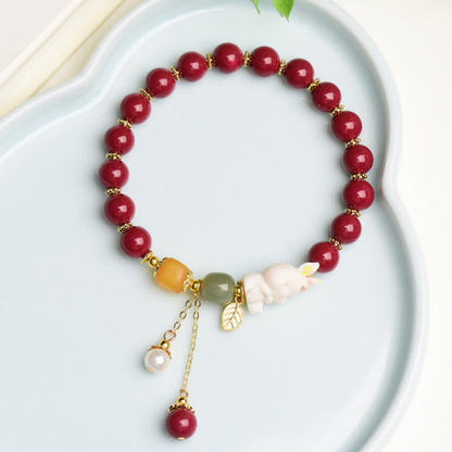 MythStone Year of the Rabbit Cinnabar Hetian Jade Bunny Beaded Blessing Bracelet