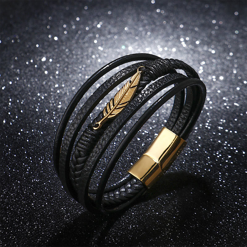 Mythstone Feather Pattern Multilayer Leather Titanium Steel Calm Braided Magnetic Buckle Bracelet