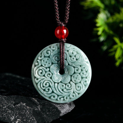 Mythstone Green Jade Flower Carved Peace Buckle Abundance Necklace Pendant