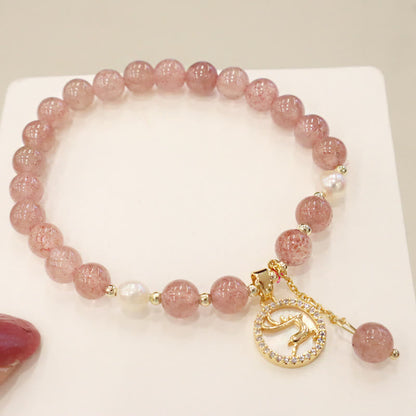 Mythstone Strawberry Quartz Pearl Elk Smiley Face Fishtail Fu Character Charm Healing Bracelet