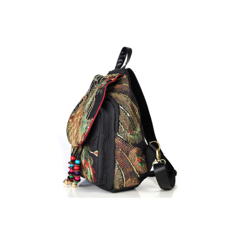 Mythstone Peacock Embroidery Canvas Tassel Backpack