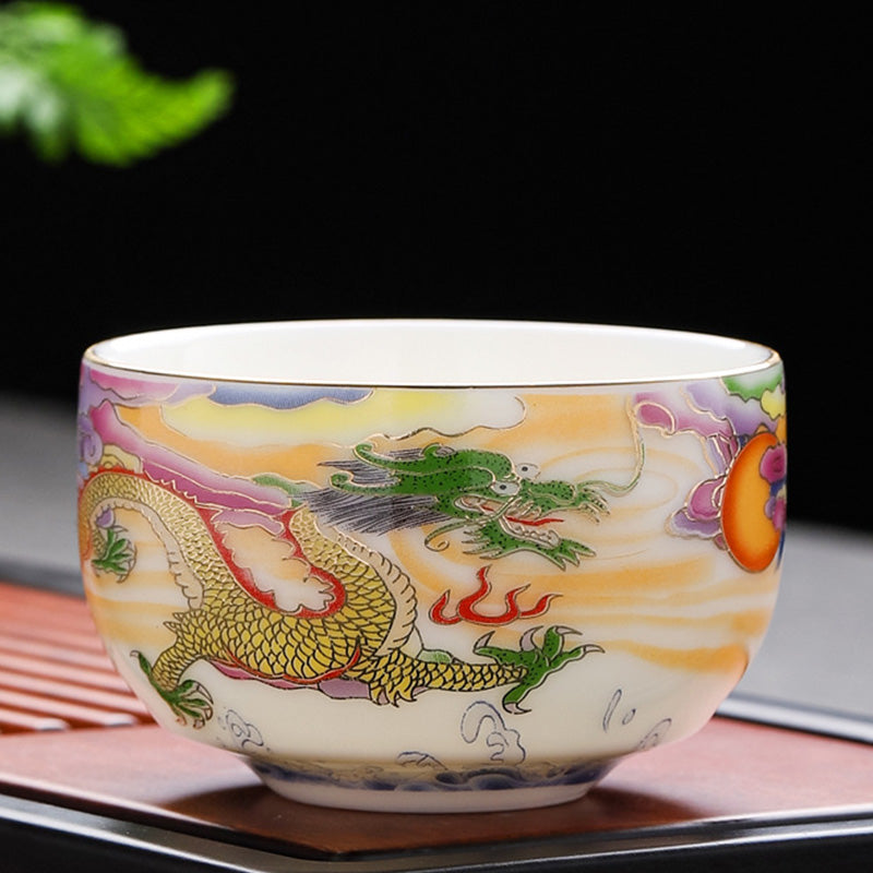 Mythstone Dragon Phoenix Auspicious Clouds Sun Ocean Waves Ceramic Teacup Kung Fu Tea Cup