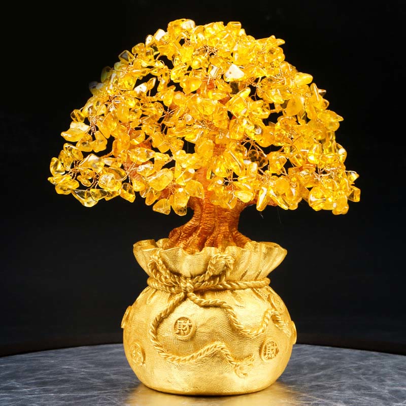 Adorno de piedra preciosa de árbol del dinero citrino natural Mythstone: Feng Shui para la prosperidad