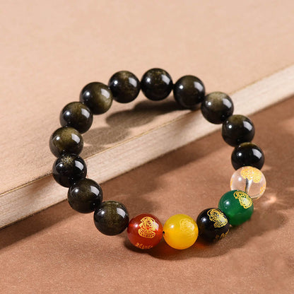 Mythstone Gold Sheen Obsidian Rainbow Obsidian Black Obsidian Five Directions Gods of Wealth Bracelet