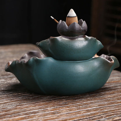 Mythstone Lotus Flower Leaf Frog Butterfly Pattern Healing Ceramic Incense Burner Decoration