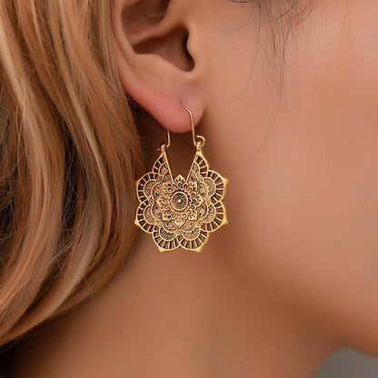 Mythstone Tibetan Lotus Engraving Copper Blessing Drop Earrings