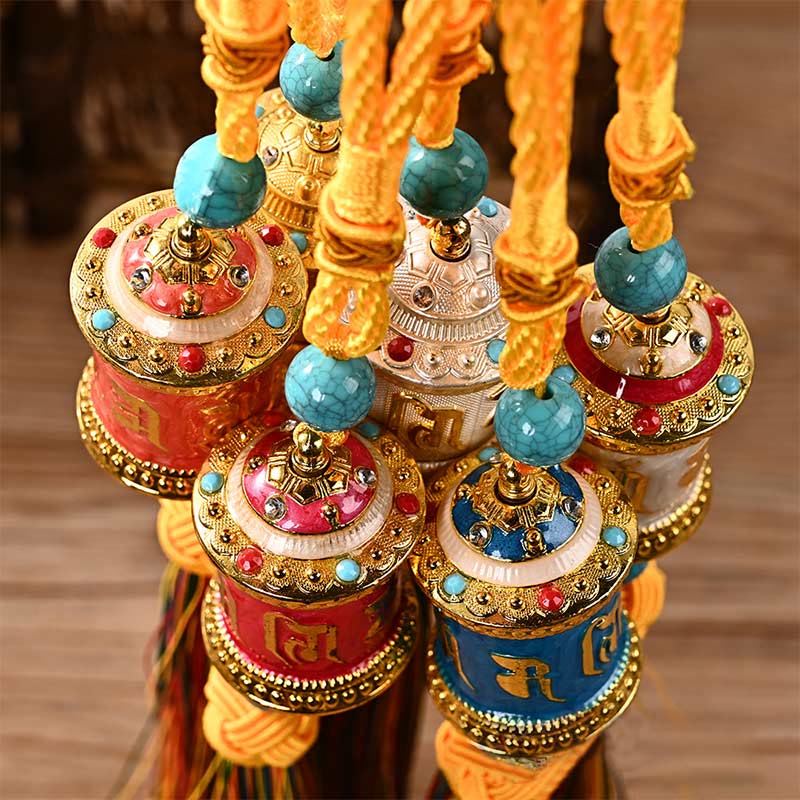 Mythstone Tibet Om Mani Padme Hum Prayer Wheel Colorful Tassels Bag Car Hanging Decoration