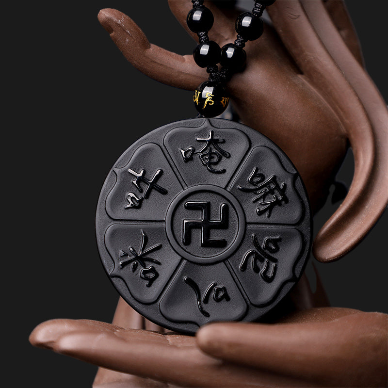 Mythstone Natural Black Obsidian Tibetan Om Mani Padme Hum Buddha Swastika Luck Necklace Pendant