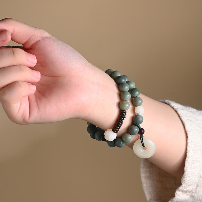 Pulsera de doble vuelta con hebilla de paz y sabiduría, semilla de bodhi, loto y jade cian