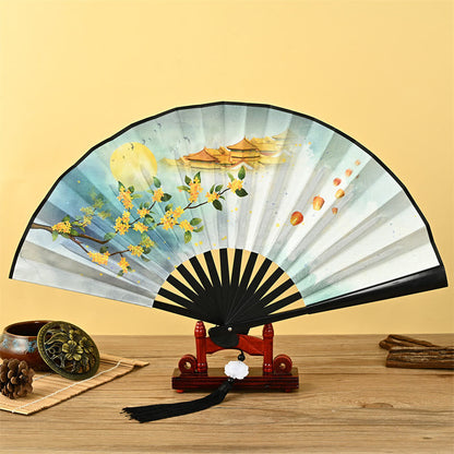 Mythstone Vintage Phoenix Nine-Tailed Fox Flower Bamboo Tiger Handheld Folding Fan Lotus Tassel Fan