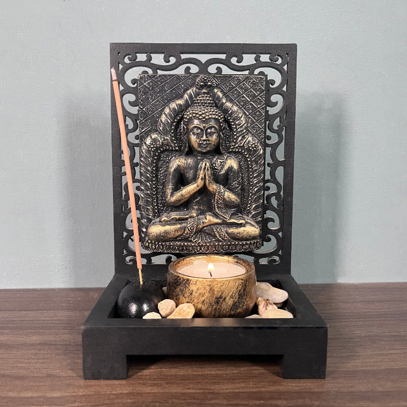 Altar de oración de resina para el hogar con la piedra mitológica de Buda de la compasión y la serenidad 