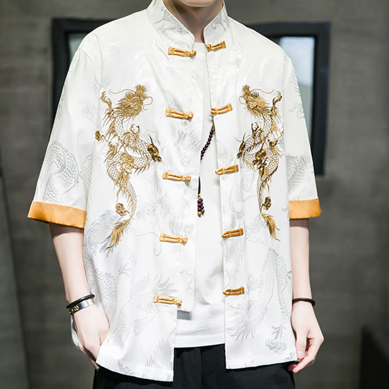 Mythstone Frog-Button Chinese Dragon Embroidery Half Sleeve Shirt Linen Men Clothing