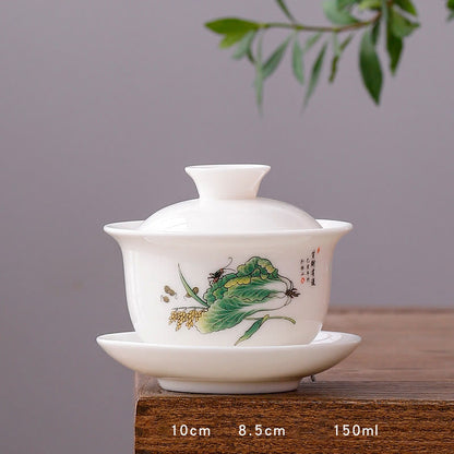 Mythstone White Porcelain Mountain Landscape Countryside Ceramic Gaiwan Teacup Kung Fu Tea Cup And Saucer With Lid