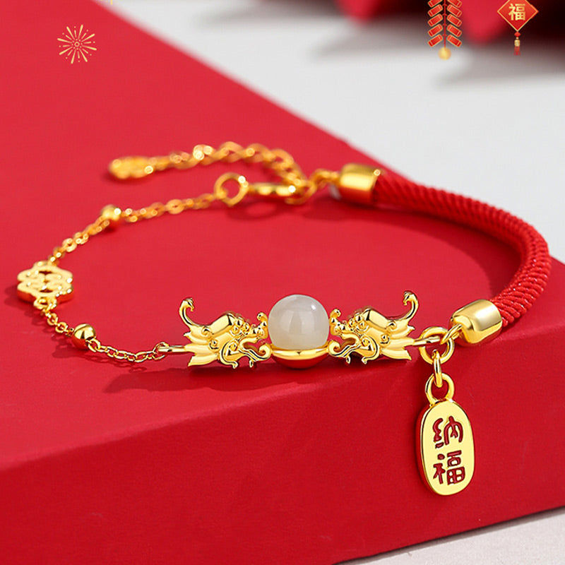 Mythstone Year of the Dragon 925 Sterling Silver Hetian Jade Attract Fortune Fu Character Luck Bracelet