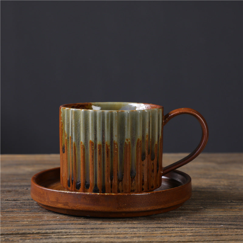 Mythstone Retro Striped Kiln Change Ceramic Coffee Mug Rough Pottery Tea Coffee Cup With Saucer 250ml