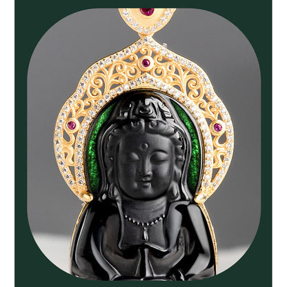 Colgante de plata de ley 925 con jade negro natural y símbolo de la riqueza de Kwan Yin Avalokitesvara