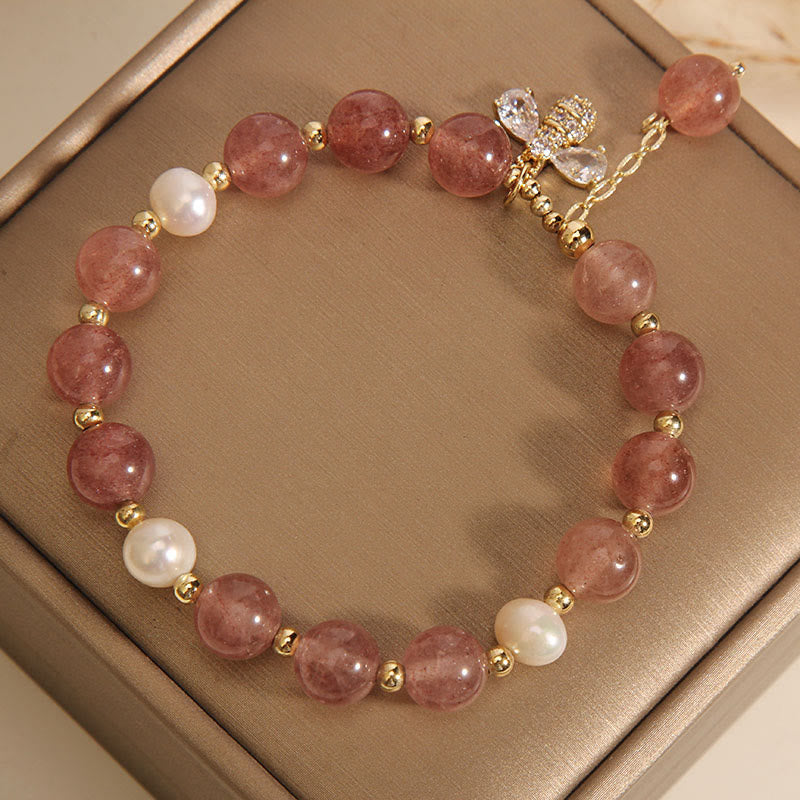 Mythstone Strawberry Quartz Pearl Cute Zircon Honeybee Positive Charm Bracelet