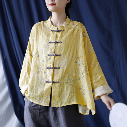 Mythstone Yellow Phoenix Print Frog-button Design Long Sleeve Ramie Linen Jacket Shirt