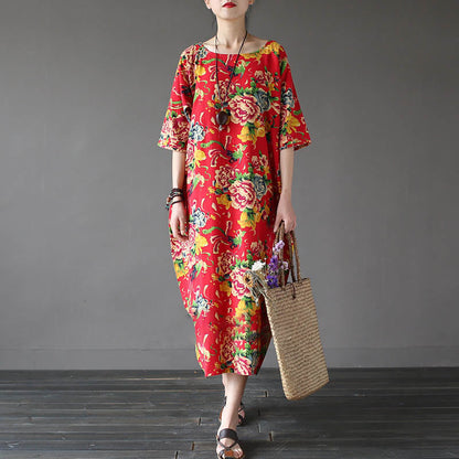 Mythstone Red Peony Flowers Printed Midi Dress Half Sleeve Cotton Linen Dress