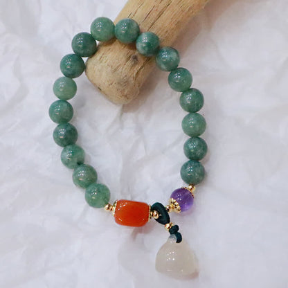 Pulsera curativa de cristal de amatista con hebilla de paz y loto de jade cian y calabaza Mythstone