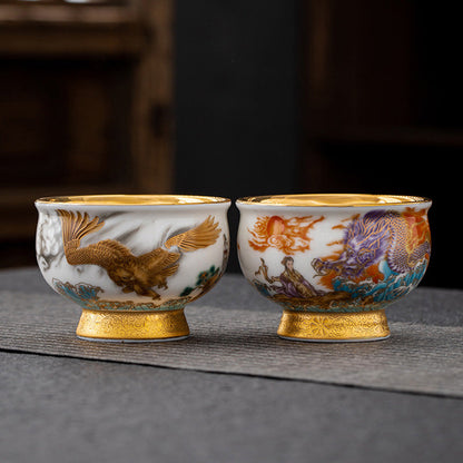 Mythstone Golden Eagle Auspicious Dragon Sun Ocean Waves Gilt Ceramic Teacup Kung Fu Tea Cup