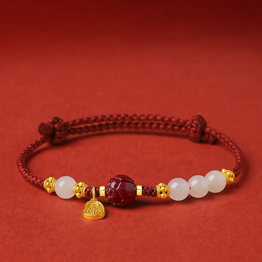 Mythstone 24K Gold Plated Hetian White Jade Cinnabar Lotus Luck Rope Bracelet