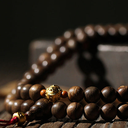 Mythstone 999 Gold 108 Mala Beads Kalimantan Agarwood Cyan Jade Six True Words Strength Bracelet