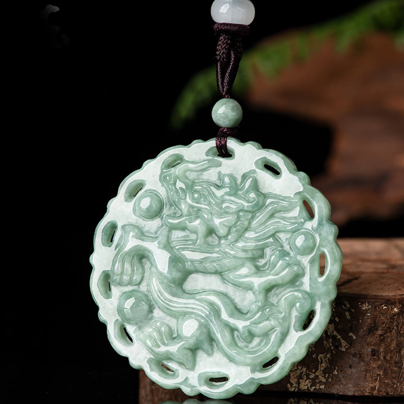 Mythstone Chinese Zodiac Dragon Phoenix Round Jade Luck Necklace String Pendant