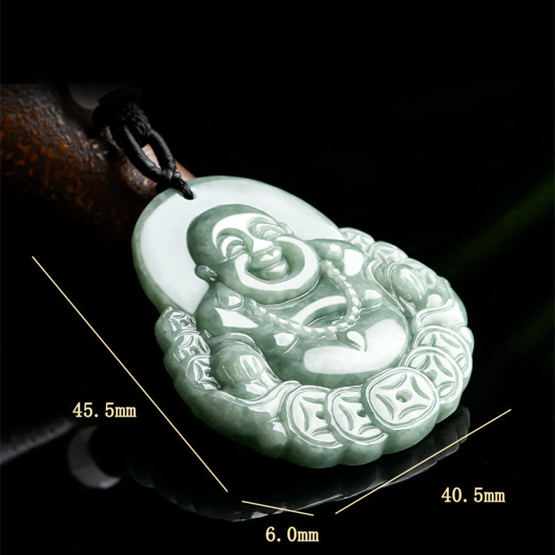 Mythstone Laughing Buddha Natural Jade Copper Coin Abundance Necklace Pendant