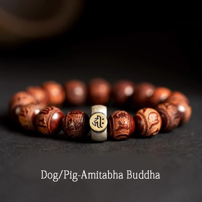 Mythstone Chinese Zodiac Natal Buddha Small Leaf Red Sandalwood Om Mani Padme Hum Protection Bracelet