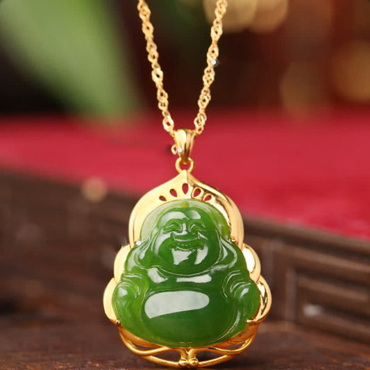 Mythstone 925 Sterling Silver Natural Hetian Cyan Jade Laughing Buddha 18K Gold Healing Necklace Chain Pendant