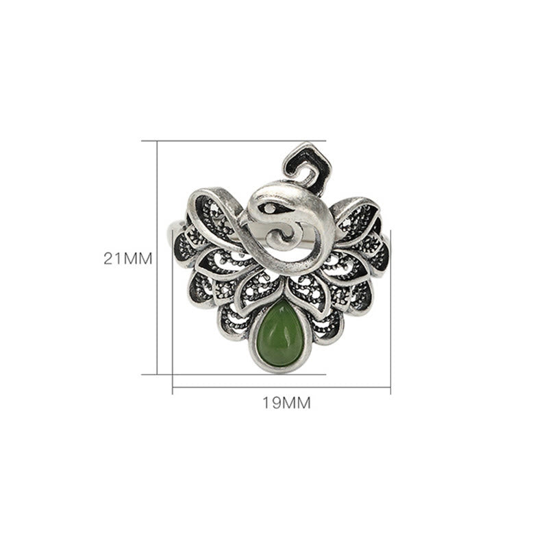 Mythstone 925 Sterling Silver Peacock Hetian Cyan Jade Fortune Adjustable Ring