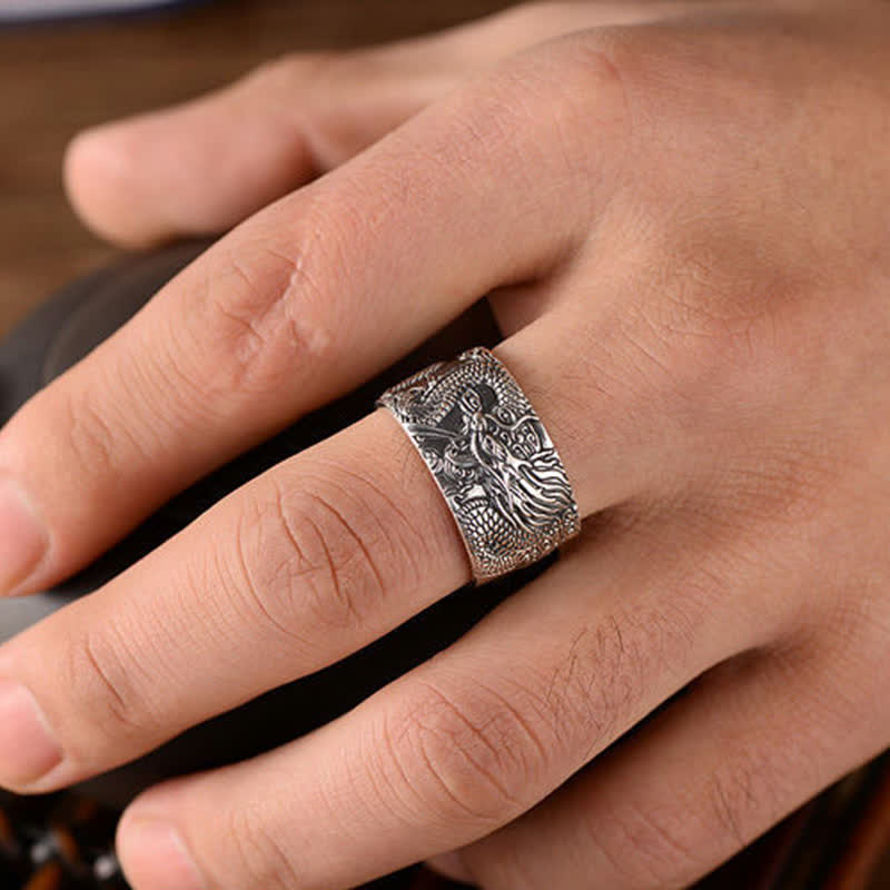 Mythstone 999 Sterling Silver Dragon Carved Pattern Protection Success Ring