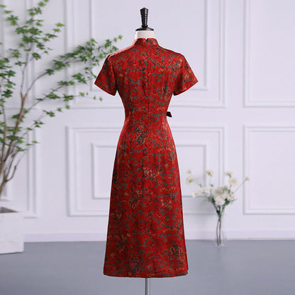 Mythstone Vintage Auspicious Clouds Leaf Print Cheongsam Dress Women's Qipao Dress