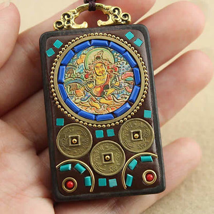 Colgante de collar de ébano con la paz y el dios de la riqueza del Thangka del Tíbet de Mythstone 