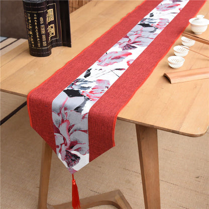 Mythstone Classic Chinese Style Lotus Koi Fish Flower Crane Calligraphy Enlightenment Cotton Linen Tassels Table Runner