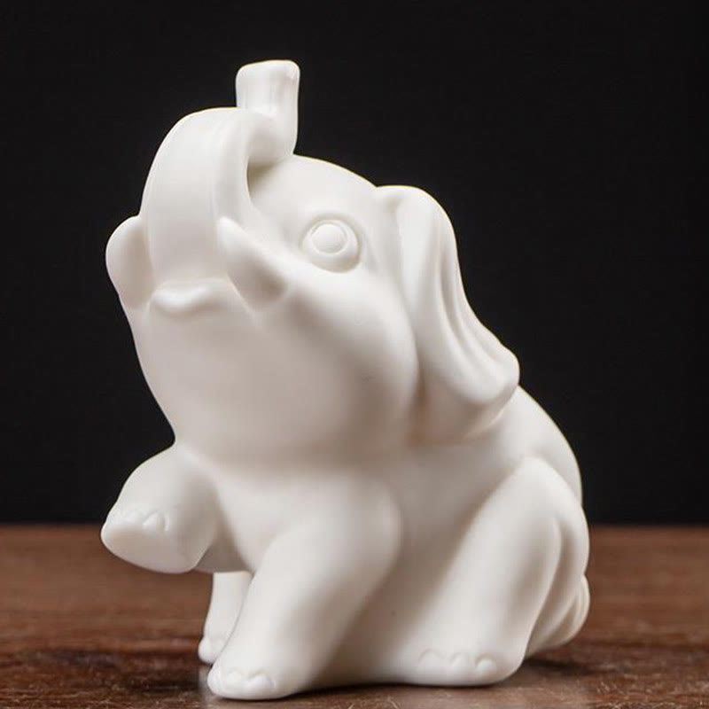 Mythstone Small Elephant Statue White Porcelain Ceramic Strength Home Desk Decoration