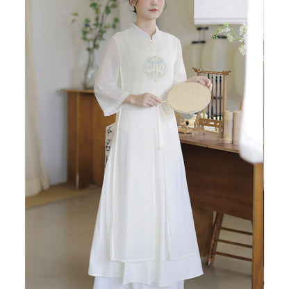 Mythstone Embroidery Chiffon Cheongsam Midi Dress Wide Leg Pants Meditation Zen Practice Clothing