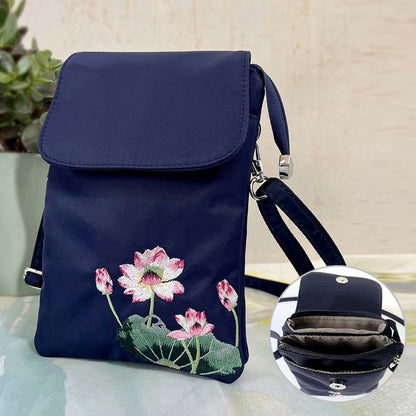 Mythstone Waterproof Handmade Embroidered Lotus Flowers Crossbody Bag Shoulder Bag Cellphone Bag