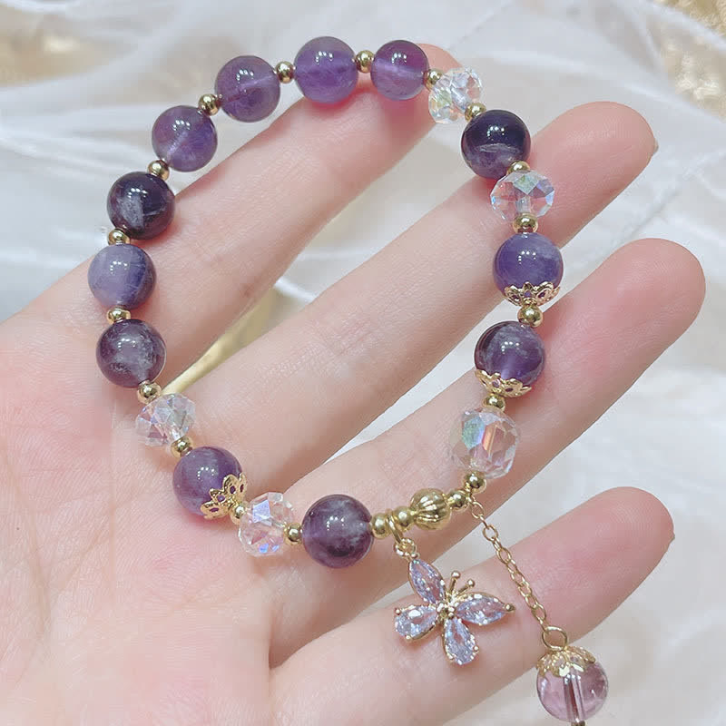 Mythstone Natural Amethyst Crystal Spiritual Butterfly Charm Bracelet