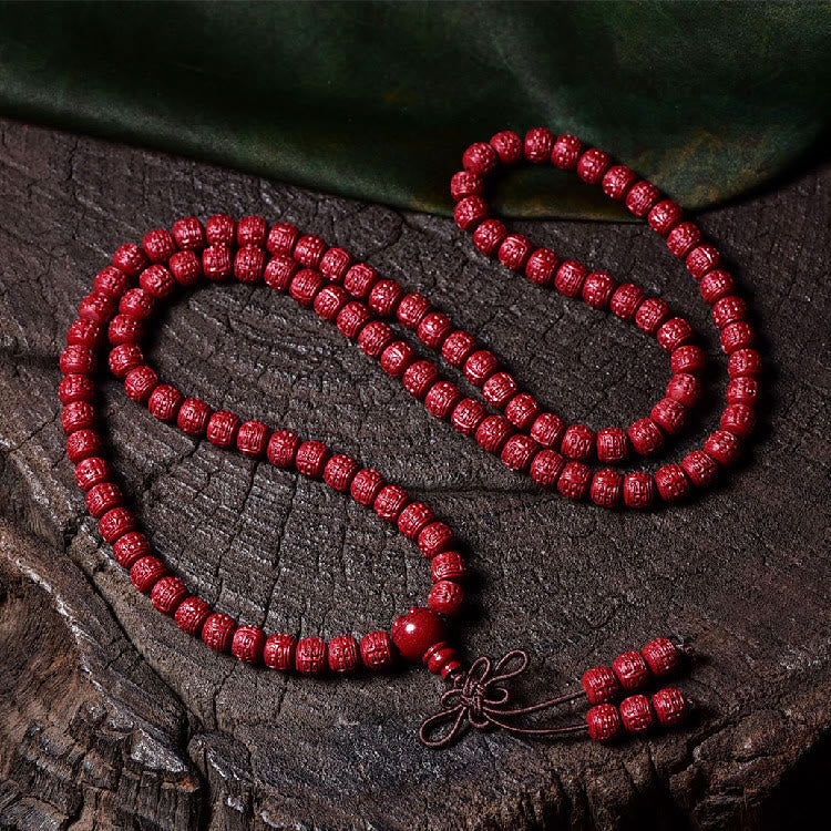 Mythstone 108 Mala Beads Cinnabar Om Mani Padme Hum Pattern Engraved Blessing Bracelet