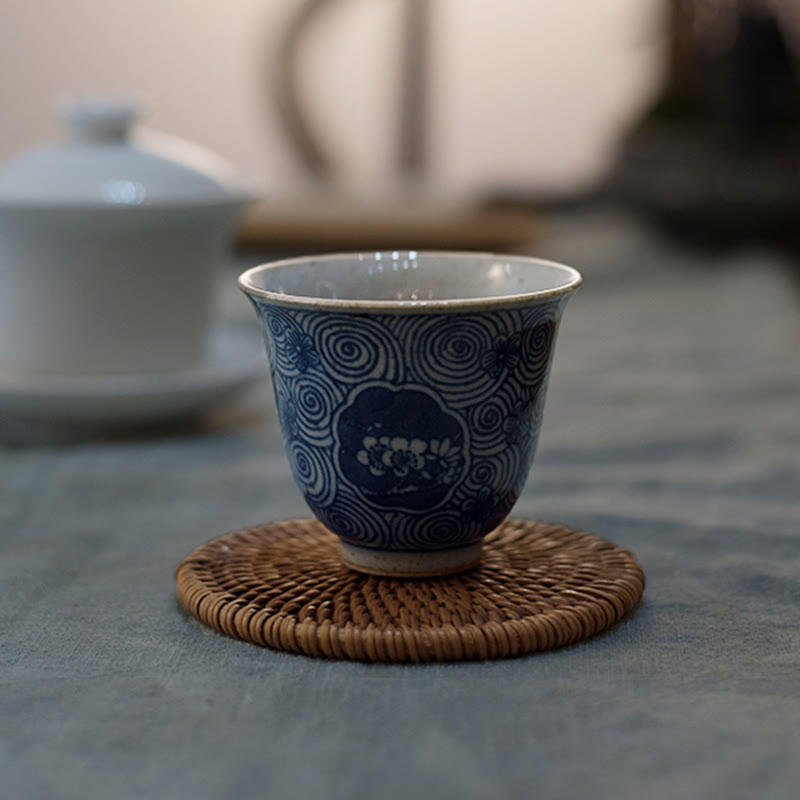 Mythstone Jingdezhen Blue and White Porcelain Hand Painted Lotus Plum Blossom Ceramic Teacup Kung Fu Tea Cups