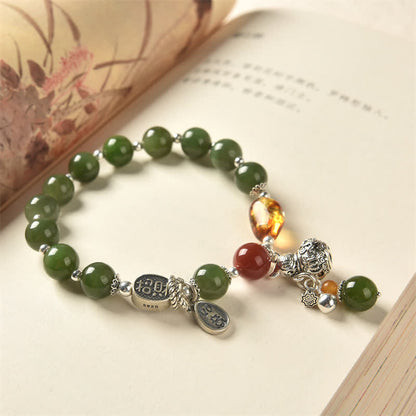 Mythstone 925 Sterling Silver Hetian Cyan Jade Gourd Amber Success Bracelet