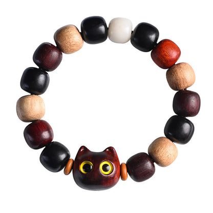 Mythstone Small Leaf Red Sandalwood Ebony Wood Cute Cat Engraved Protection Bracelet