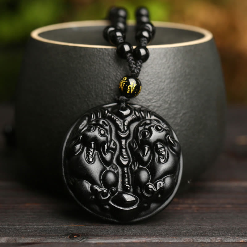 Mythstone Black Obsidian Double Pixiu Bead Rope Purification Necklace Pendant