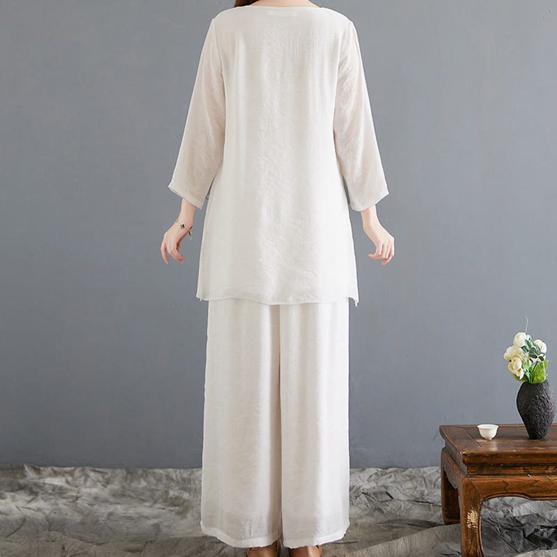 Mythstone 2Pcs Frog-Button Long Sleeve Shirt Wide Leg Pants Meditation Cotton Linen Clothing