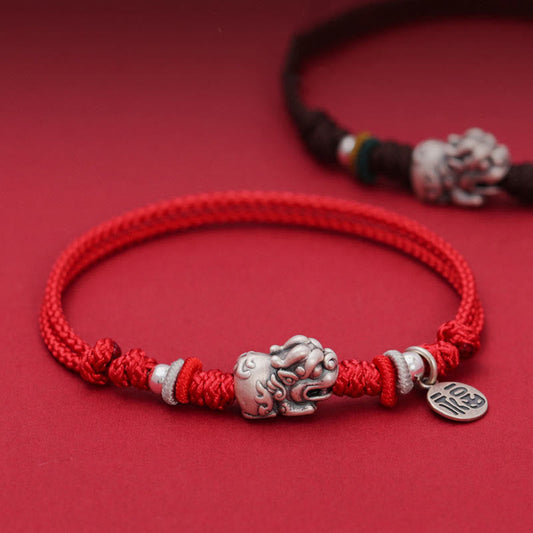 Mythstone 925 Sterling Silver PiXiu Fu Character Wealth Luck Handmade Braided Bracelet