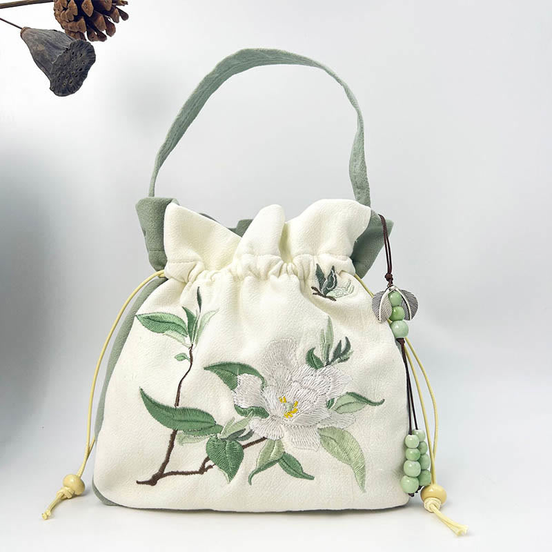 Mythstone Embroidered Butterfly Lotus Magnolia Cotton Linen Tote Crossbody Bag Shoulder Bag Handbag