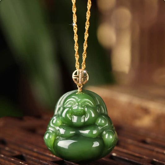 Mythstone 925 Sterling Silver Laughing Buddha Hetian Cyan Jade 18K Gold Success Necklace Chain Pendant