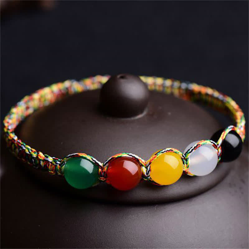 Pulsera de hilo con cinco elementos de piedra mitológica, ágata colorida, metal, madera, agua, fuego y tierra